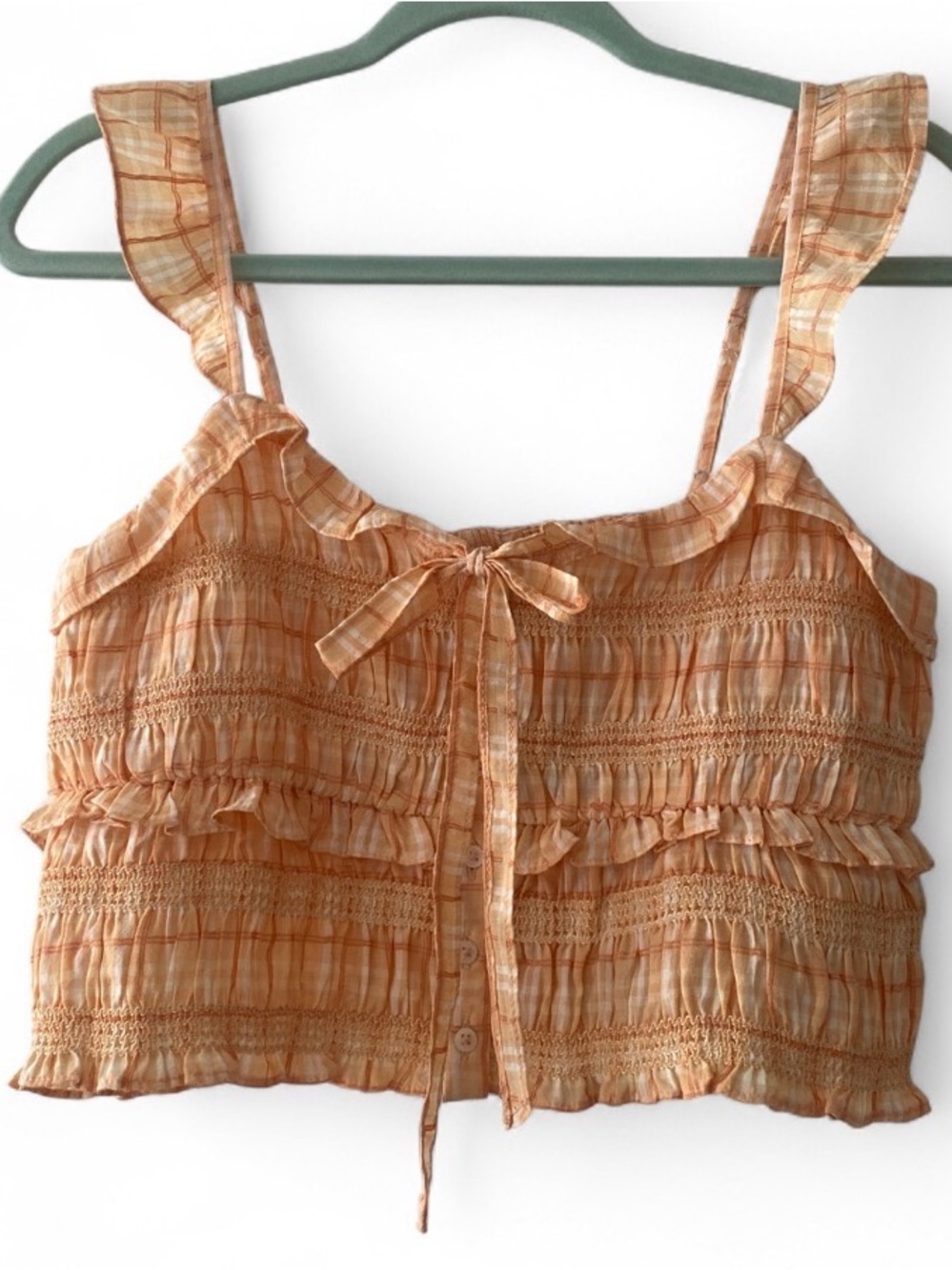 American Eagle Outfitters Peach Plaid Ruffled Smocked Crop Cami